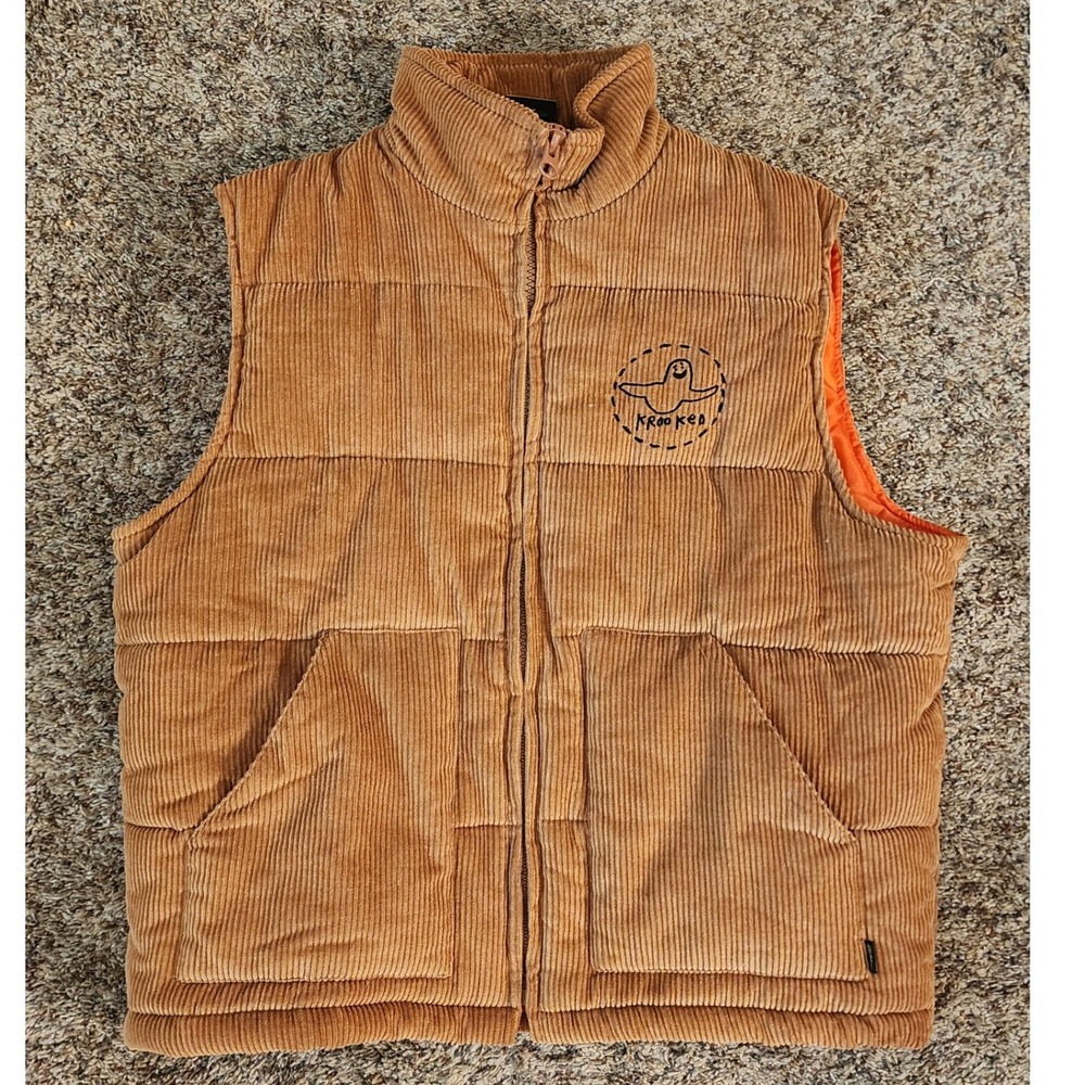 Krooked Skateboards Trinity Corduroy Puffer Vest Tan Brown Shmoo Logo Sz S NWOT